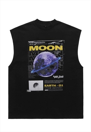Moon print tank top surfer vest retro sleeveless t-shirt