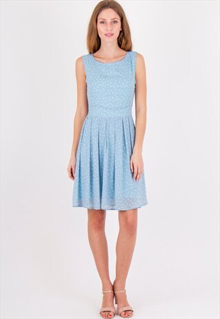 POLKA DOTS ROUND NECK SLEEVELESS PLEATED A-LINE DRESS