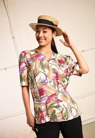 90'S RETRO ABSTRACT FLORAL PRINT PARIS CHIC BLOUSE TOP