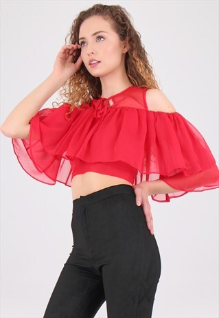 RED COLD SHOULDER FRILLED KEYHOLE CROP TOP