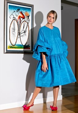 Blue Taffeta Dress, Ruffle Sleeve Dress, Elegant Dress