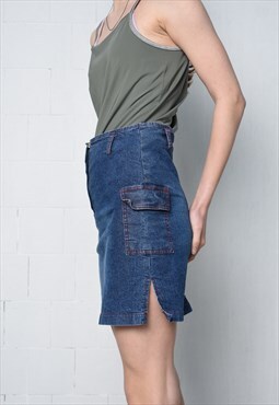 Vintage Y2K 00s split hem denim mini pencil skirt blue