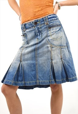 Vintage Y2K Denim Pleated Midi Skirt 