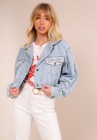 VINTAGE 80S CROPPED DENIM TRUCK JACKET WITH SEQUIN DETAILING