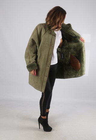 VINTAGE SHEEPSKIN SUEDE SHEARLING COAT SHORT UK 18 (JH4F)