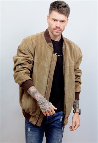 1990'S VINTAGE SUEDE BOMBER JACKET IN BROWN