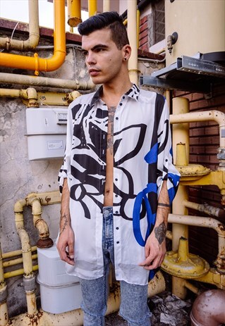 VINTAGE SEE-THROUGH ABSTRACT PATTERNED COLORFUL SHIRT