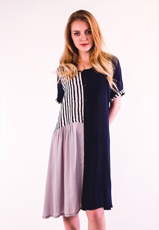 NAVY BLUE STRIPE AND COLOR BLOCK DESIGN COTTON BLEND DRESS