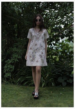 VINTAGE 70'S BEIGE SHIMMERING BEADED TUNIC