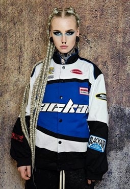 Motorcycle jacket multi patch padded racing bomber in blue