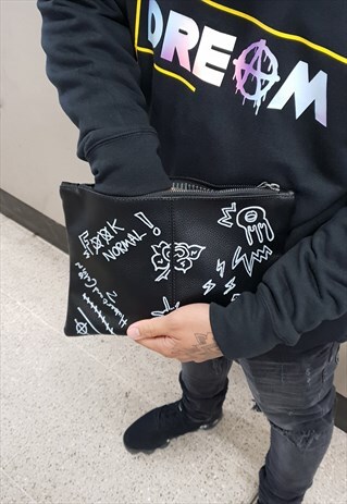 HAND ILLUSTRATED BLACK CLUTCH BAG