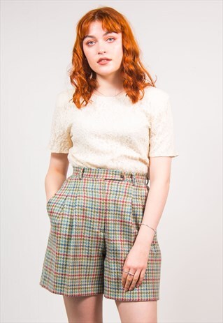 VINTAGE 90'S GREEN & RED CHECKED DOGTOOTH HIGH WAIST SHORTS