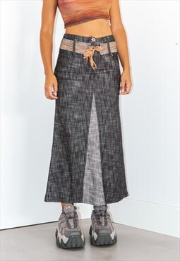 90s Vintage Long Denim Skirt With Belt Included