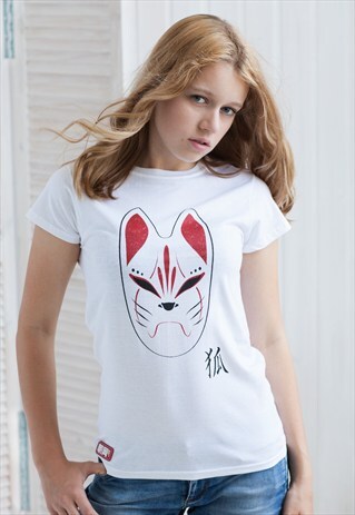 JAPANESE FOX MASK T SHIRT - KITSUNE KITSUNEMEN JAPAN KANJI