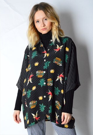 VINTAGE 90S BLACK FAIRY STRIPED POLKA DOT SHIRT