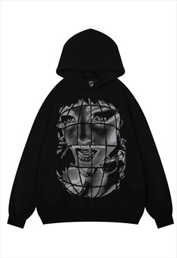 Anime print hoodie psychedelic pullover raver top in black
