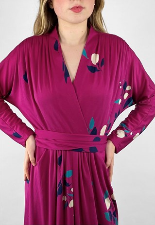 70's Vintage Ladies Pink Floral Batwing Maxi Dress