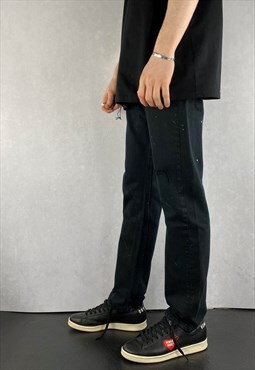 Black Levis 501 Slim Fit Jeans Mens Paint Distressed Jeans  