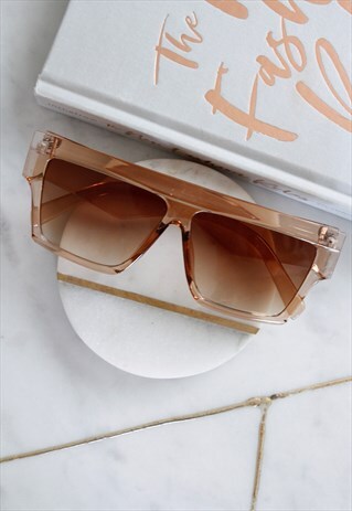 BROWN CLEAR FADE SQUARE OVERSIZED RETRO SUNGLASSES