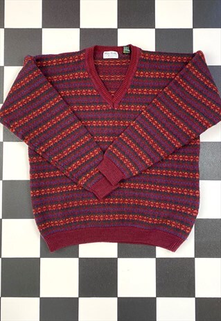 VINTAGE 80S BURGUNDY V-NECK KNIT JUMPER