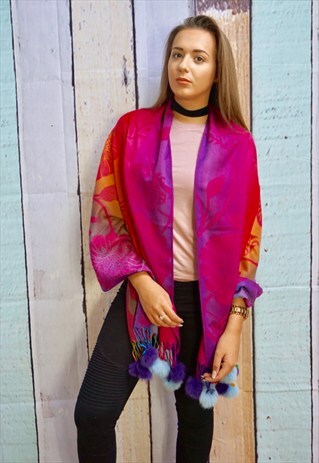 VIBRANT FLORAL PASHMINA SCARF SHAWL WITH FAUX FUR POMPOMS