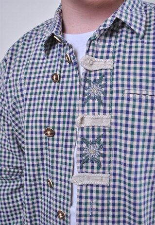 PLAID BOHO LONG SLEEVE SHIRT, WITH FLOWERS EMBROIDERY