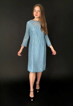 50's Vintage Kunick Blue Long Sleeve Lace Shift Dress