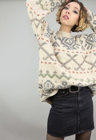 VINTAGE 80S 90S OVERSIZED PATTERNED KNIT JUMPER
