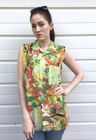 WOMENS VINTAGE 80S 90S TOP GREEN CIRCUS SLEEVELESS BLOUSE