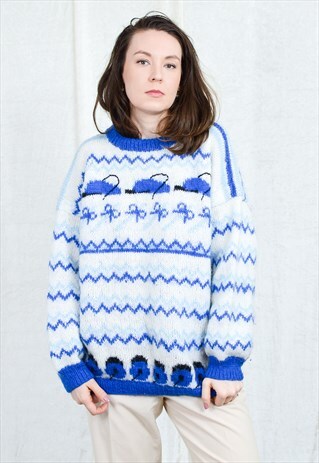 OVERSIZED SWEATER VINTAGE 90S BLUE JUMPER ZIG ZAG PULLOVER