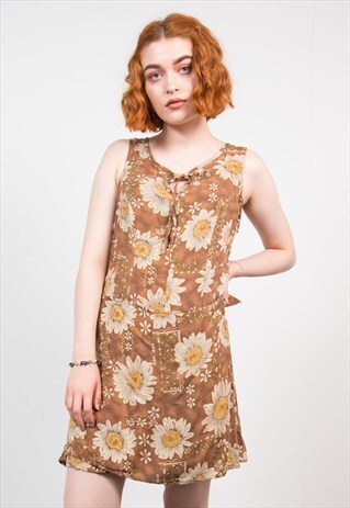 VINTAGE 90S BROWN FLORAL BOHO MINI PLAYSUIT