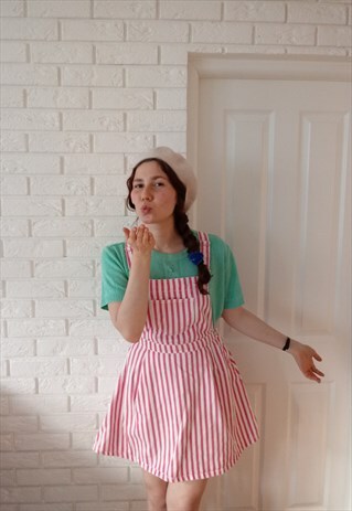 'MINNIE' 90S PASTEL PINK STRIPED SUMMER DENIM DUNGAREE DRESS