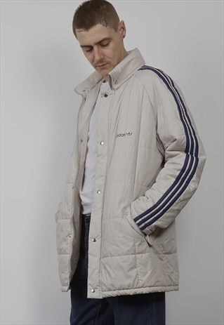VINTAGE 80'S ADIDAS STRIPED LIGHT GREY PADDED COAT