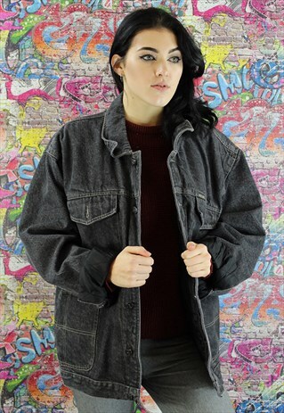 VINTAGE 80S BLACK BLANKET LINED DENIM JACKET. UNISEX.