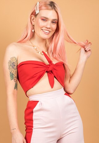 RED LINEN TIE FRONT BANDEAU TOP
