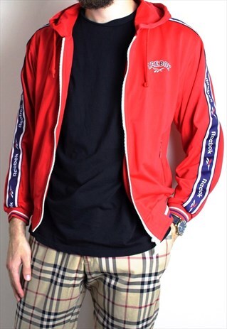 VINTAGE REEBOK TAPE HOODIE RED LARGE 90S SPORTSWEAR