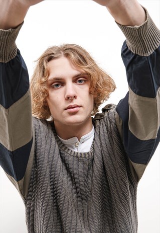 VINTAGE 90S GRUNGE CONTRAST SLEEVE STRIPED KNITTED JUMPER S