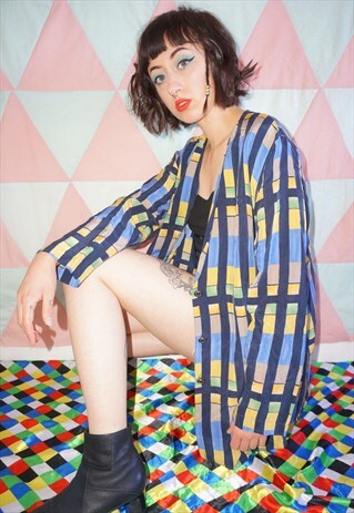 VINTAGE 80S BLUE GREEN YELLOW V NECK CHECK PATTERNED BLOUSE