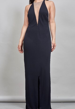 VINTAGE 90'S BLACK MESH DIAMANTE INSERT BODYCON MAXI DRESS