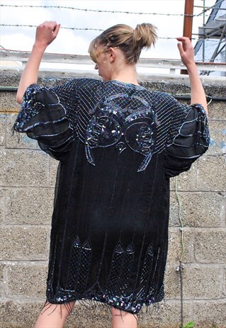 VINTAGE BLACK SEQUIN BEADED KIMONO