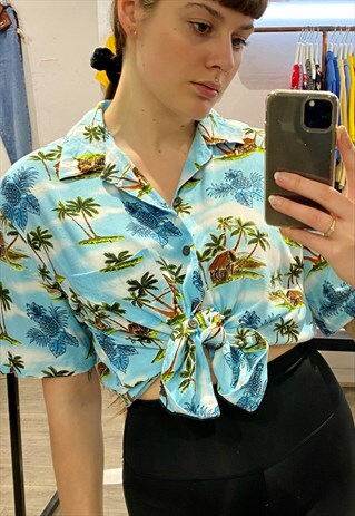 VINTAGE 90S SHIRT HAWAIIAN IN BLUE WITH PALM TREE PRINT