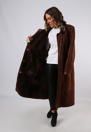 SHEEPSKIN SUEDE LEATHER LONG SHEARLING COAT UK 20 (B92K)