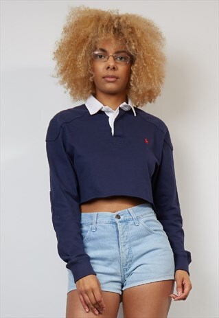 VINTAGE 90'S POLO RALPH LAUREN NAVY CROP POLO TOP
