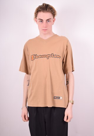 CHAMPION MENS VINTAGE T-SHIRT TOP LARGE BROWN 90'S