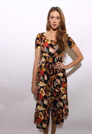 VINTAGE 1980'S 80'S COWBOY HAT NOVELTY PRINT JUMPSUIT S-M