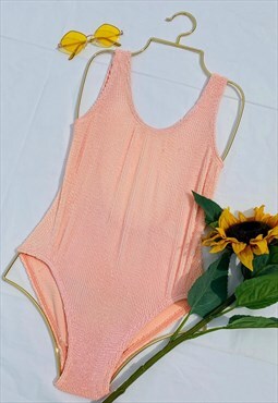 Vintage 80s C&A Pastel Peach Low Back Crinkle Swimsuit