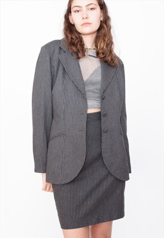 VINTAGE 80S GREY PINSTRIPE BLAZER & SKIRT SUIT ID:1695