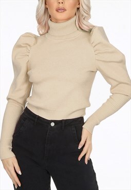 High Neck Puff Sleeve Ribbed Jumper In Beige 