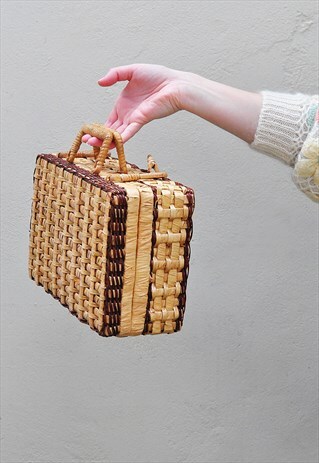 VINTAGE SQUARE WICKER STRAW HANDBAG BASKET BAG