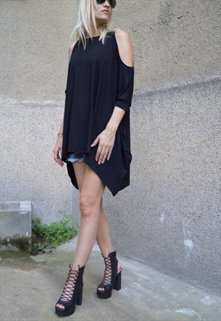 CONVERTIBLE DRESS/BLACK TUNIC/OVERSIZED TOP/LOOSE/F1610